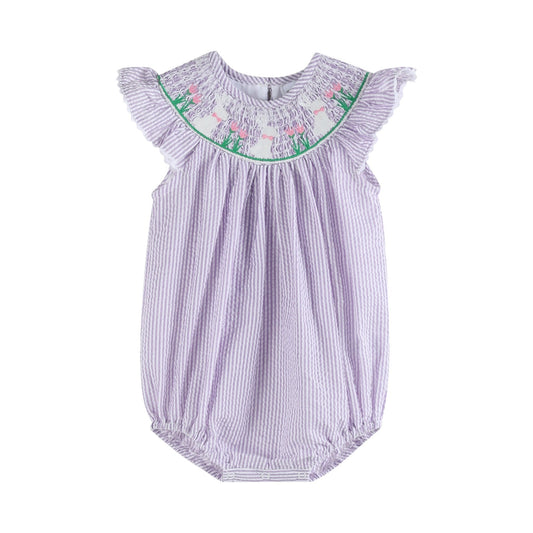 Light Purple Seersucker Bunny Smocked Bubble Romper