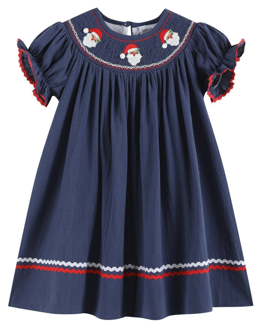 Navy Blue Santa Smocked Bishop Dress