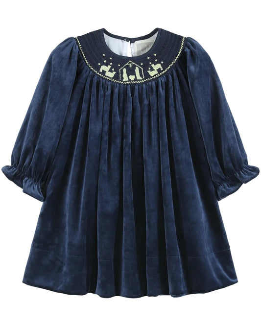 Navy Blue Velvet Gold Nativity Smocked Bishop Dress
