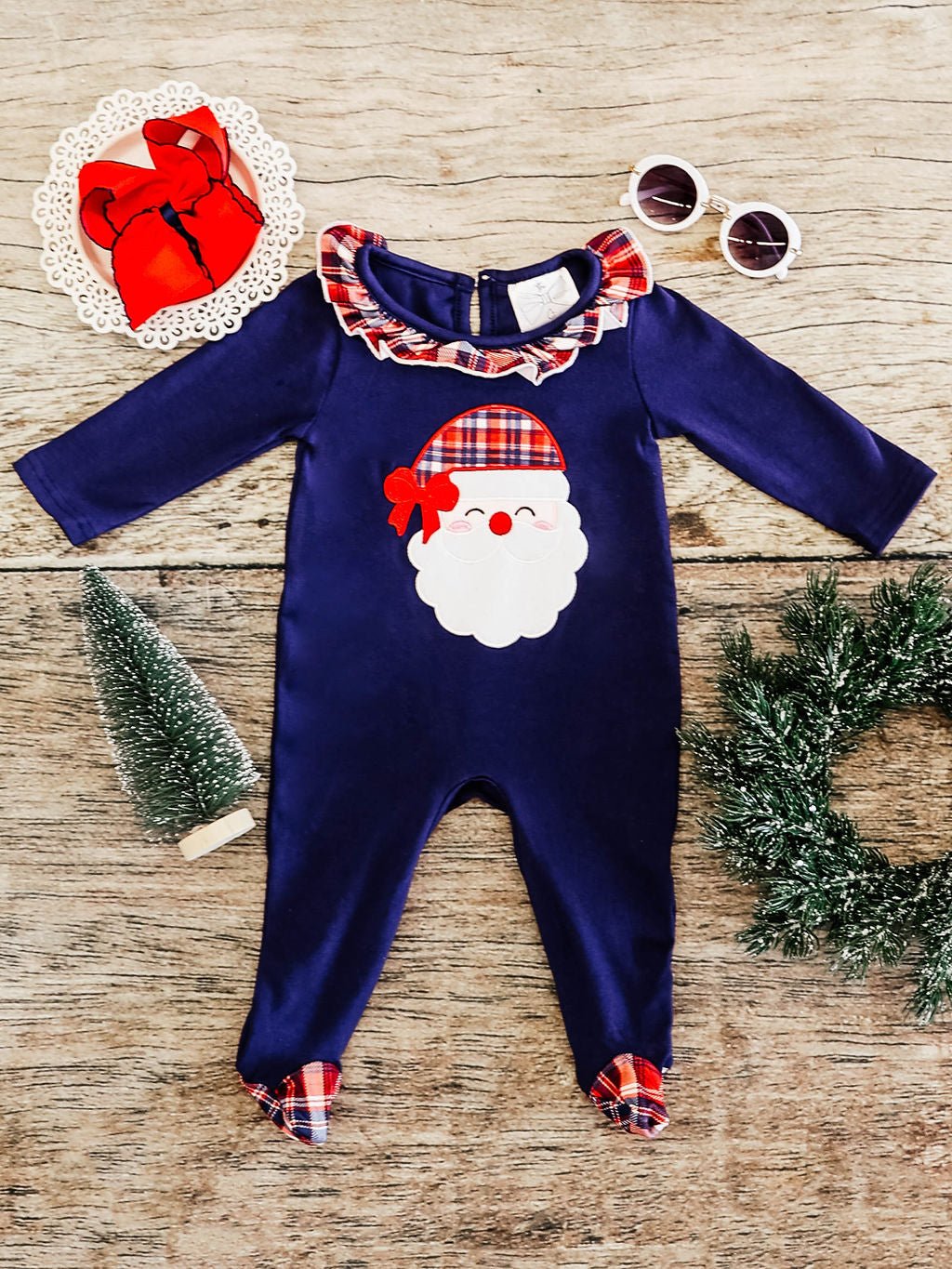 Navy Plaid Santa Infant Girls Onesie