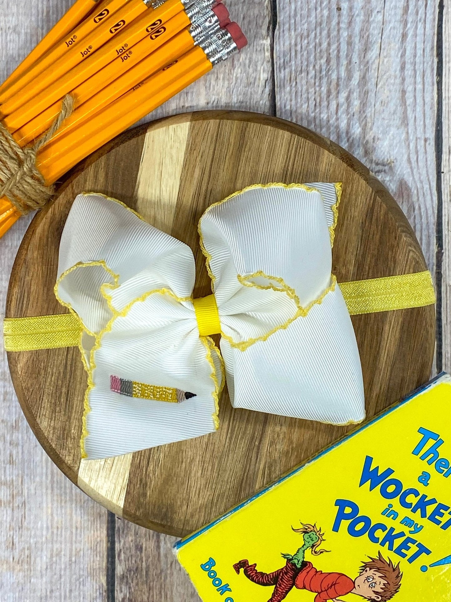 Pencil Embroidered Moonstitch Hair Bow | Clip or Headband