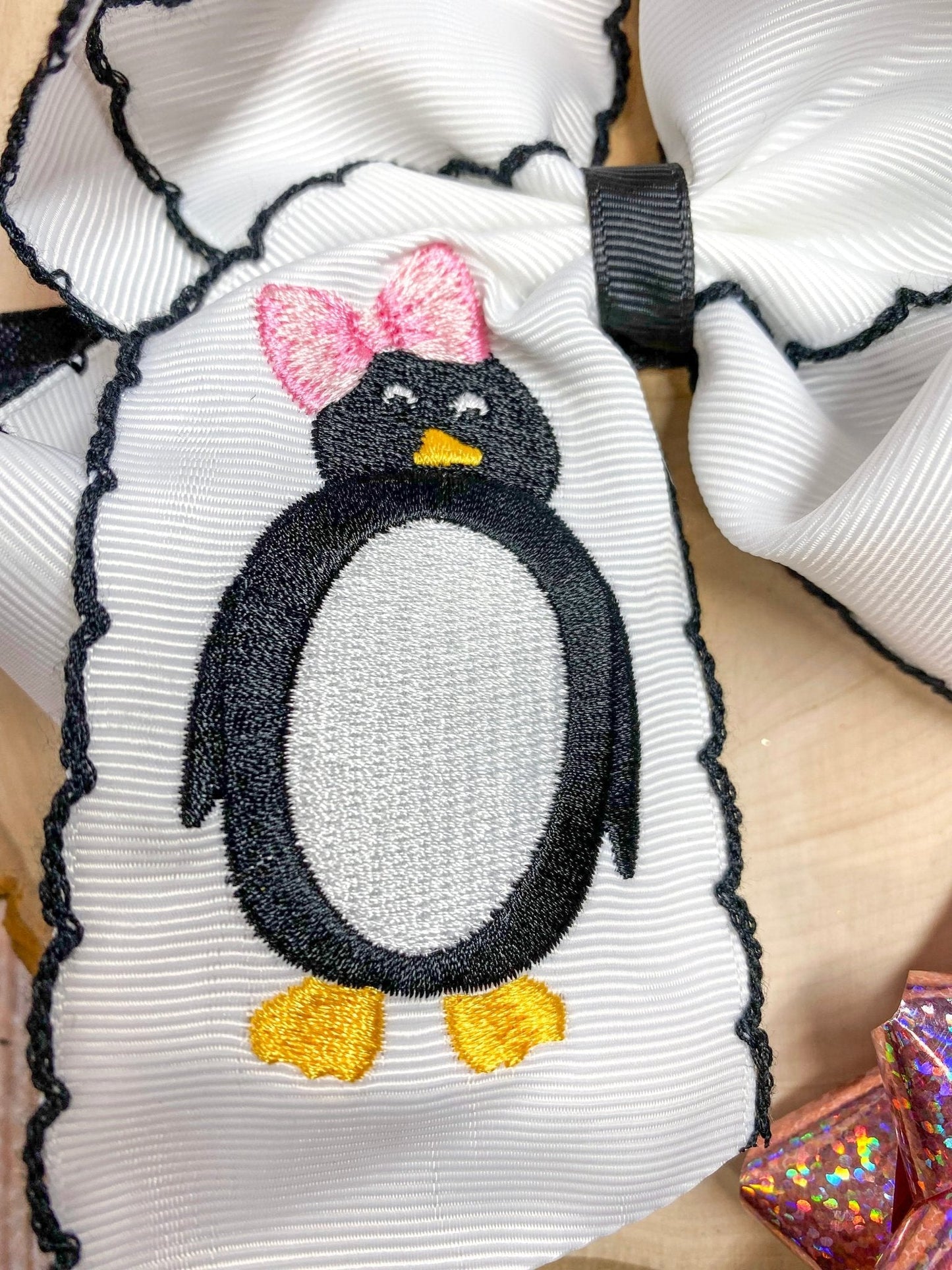 Penguin Embroidered with Black Moonstitch Hair Bow | Clip or Headband