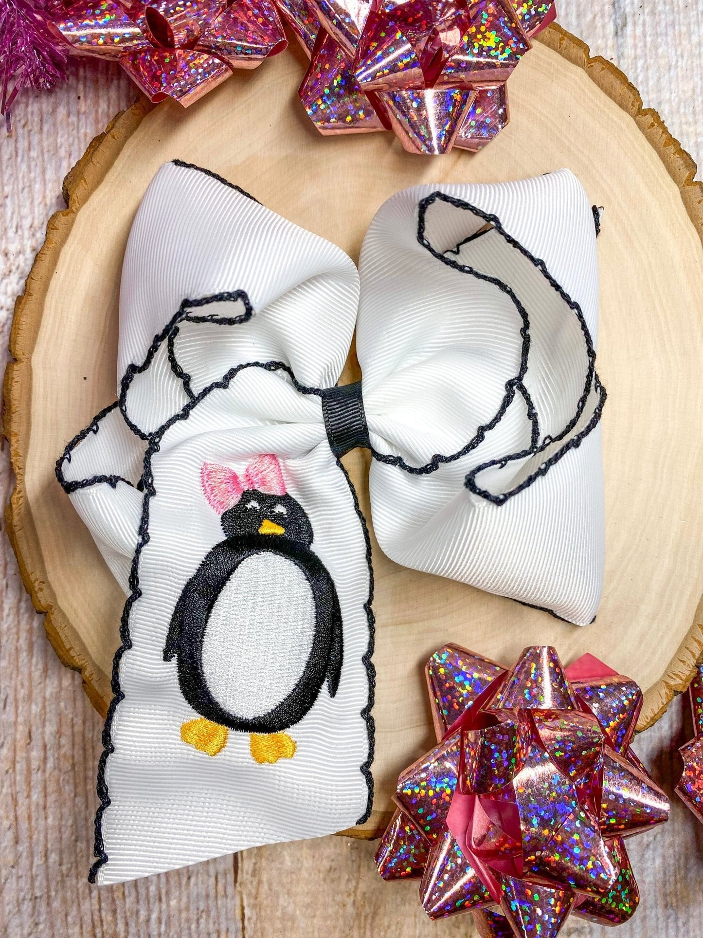 Penguin Embroidered with Black Moonstitch Hair Bow | Clip or Headband