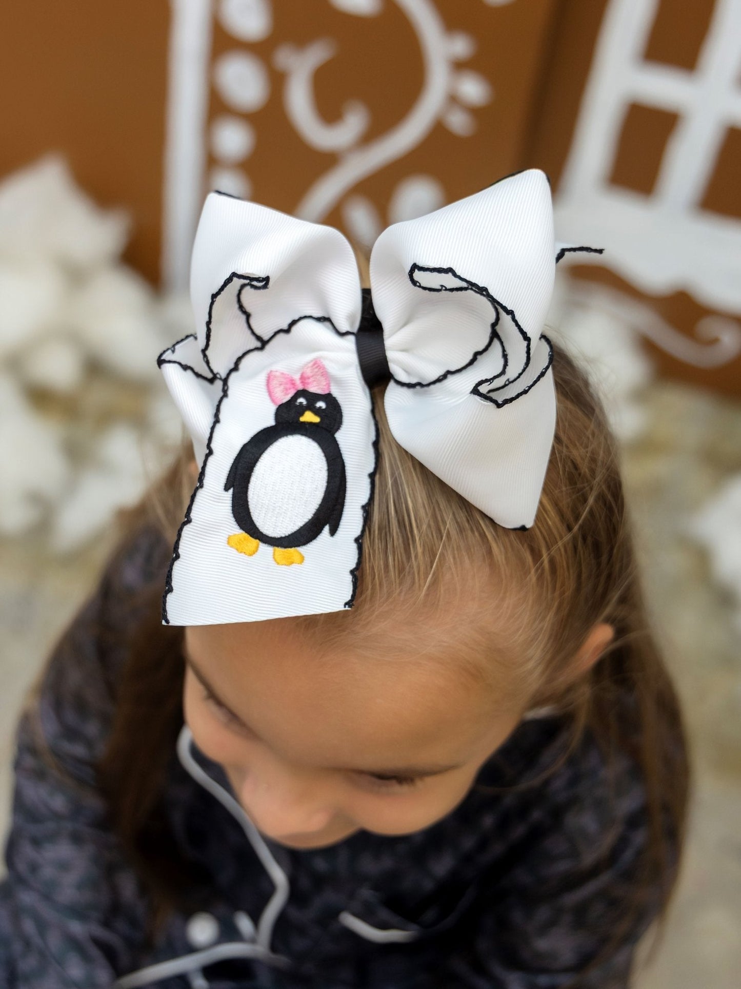 Penguin Embroidered with Black Moonstitch Hair Bow | Clip or Headband