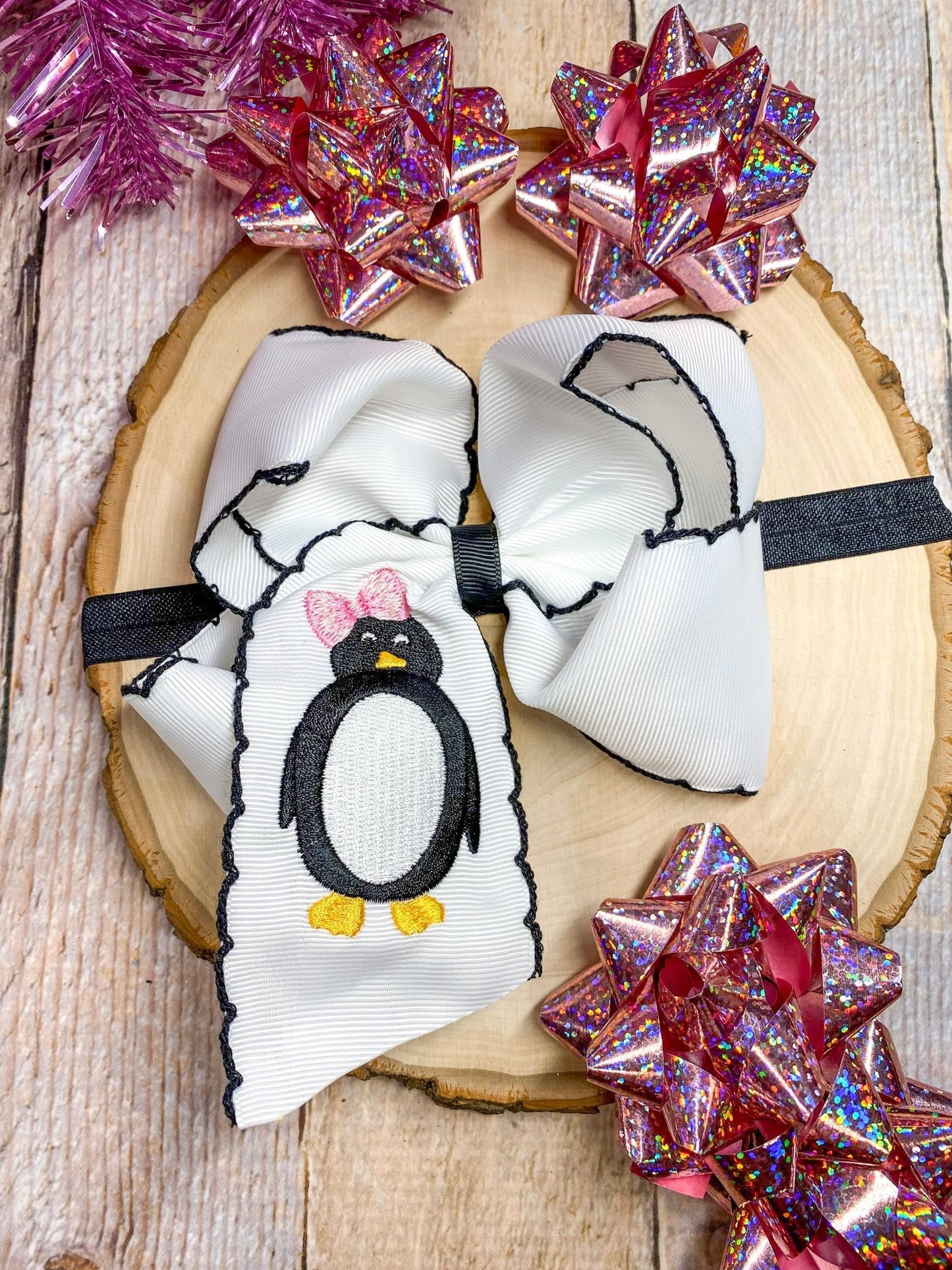 Penguin Embroidered with Black Moonstitch Hair Bow | Clip or Headband
