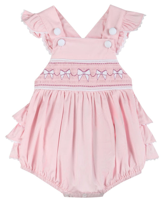 Pink and White bows Smocked Ruffle Bubble Romper