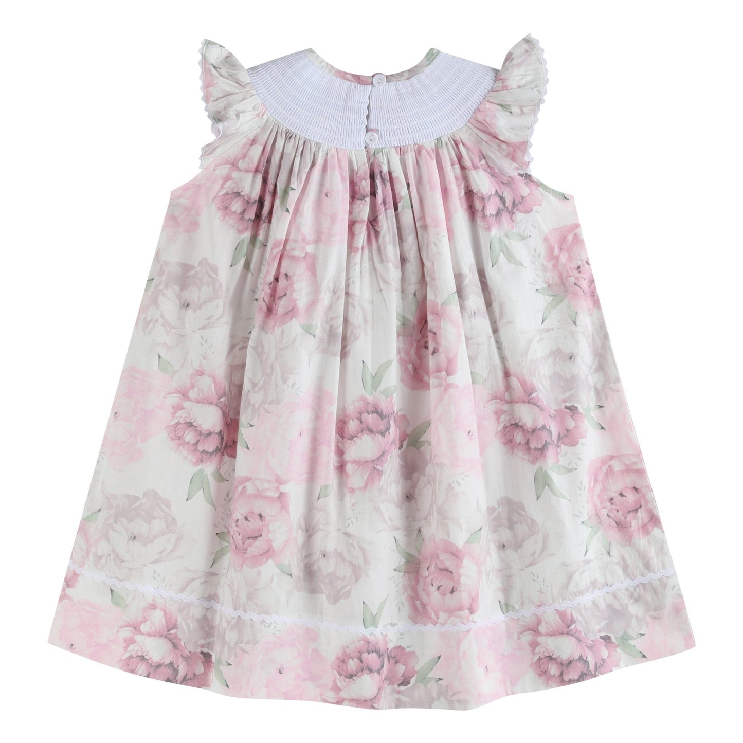 Pink and White Peony Bunny Smocked Bishop Dress