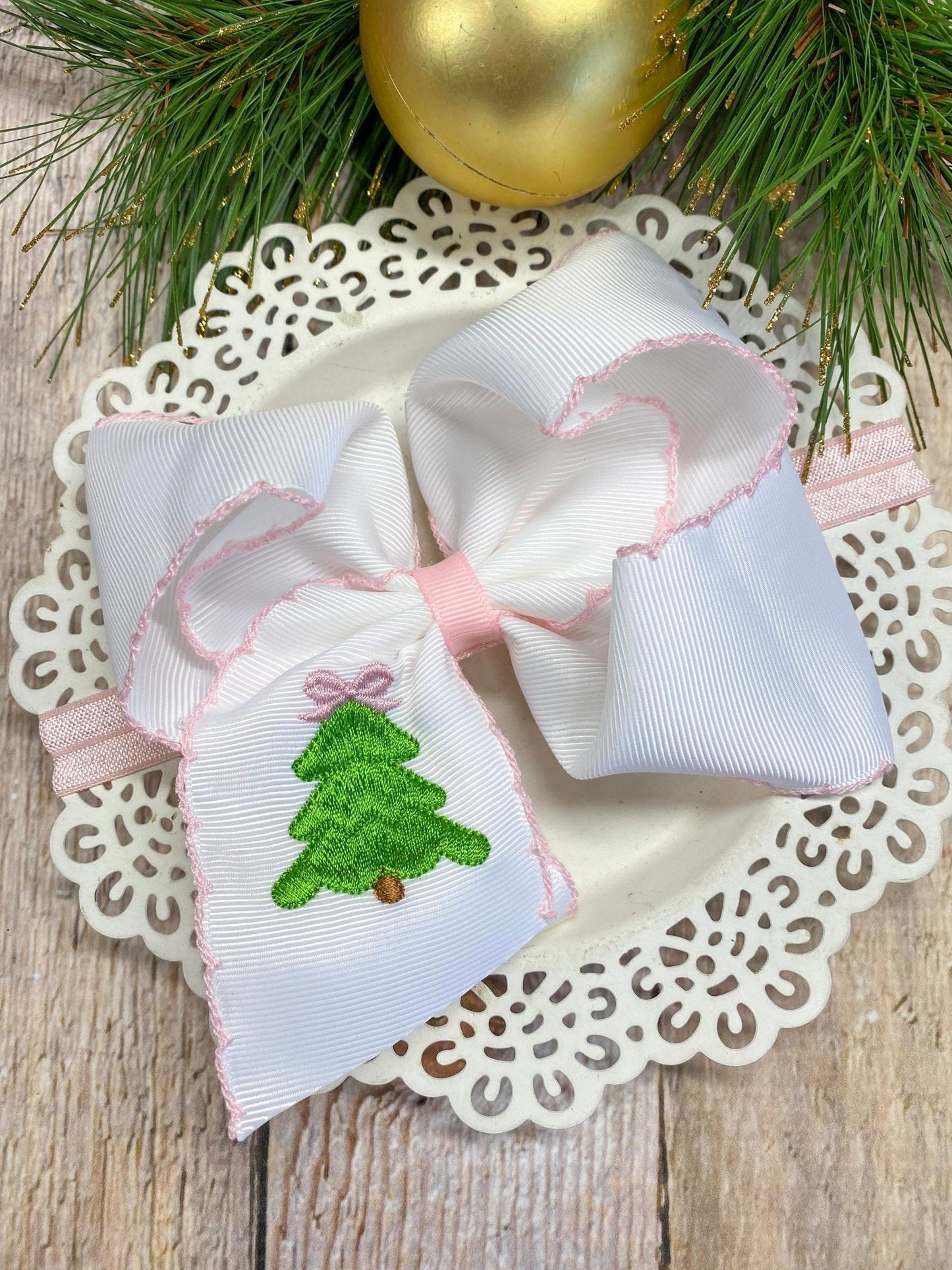 Pink Christmas Tree Embroidered Hair Bow | Clip or Headband