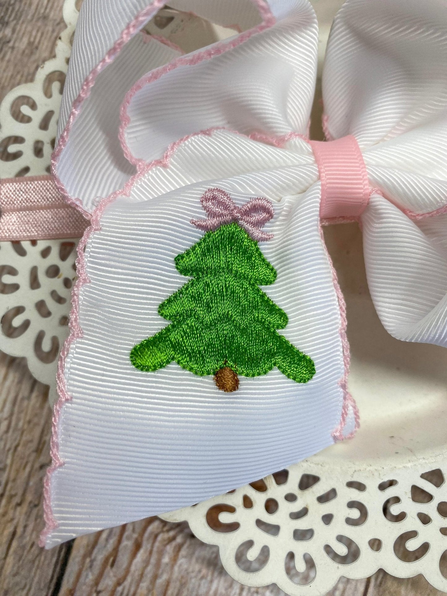 Pink Christmas Tree Embroidered Hair Bow | Clip or Headband