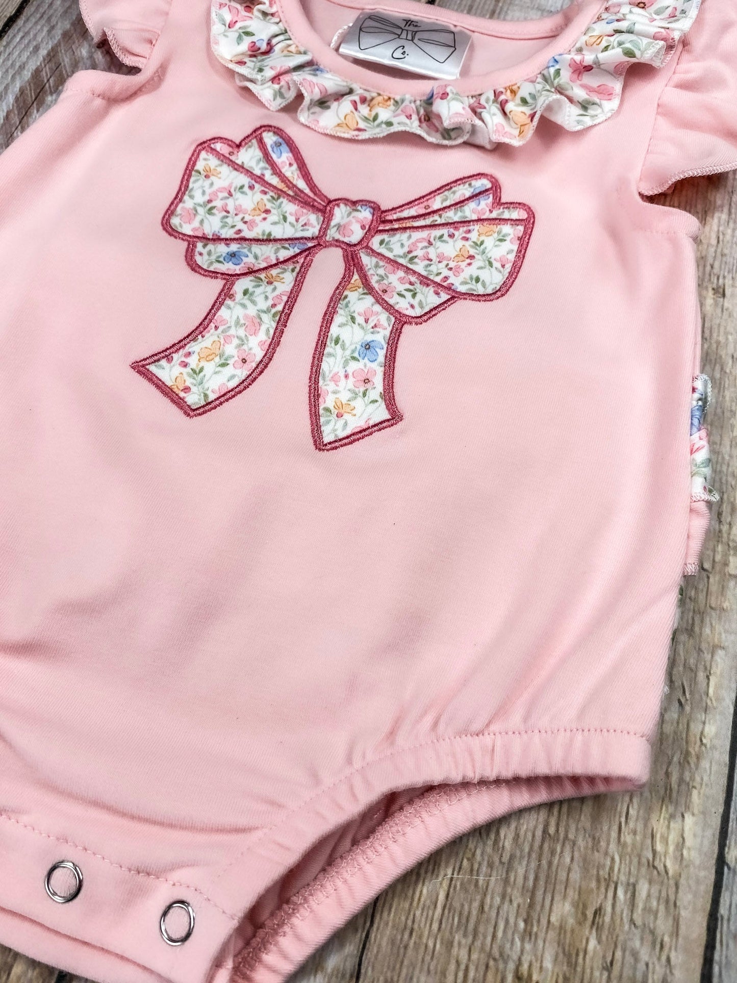 Pink Floral Bow Bubble Romper | Baby Girls Appliqué Outfit