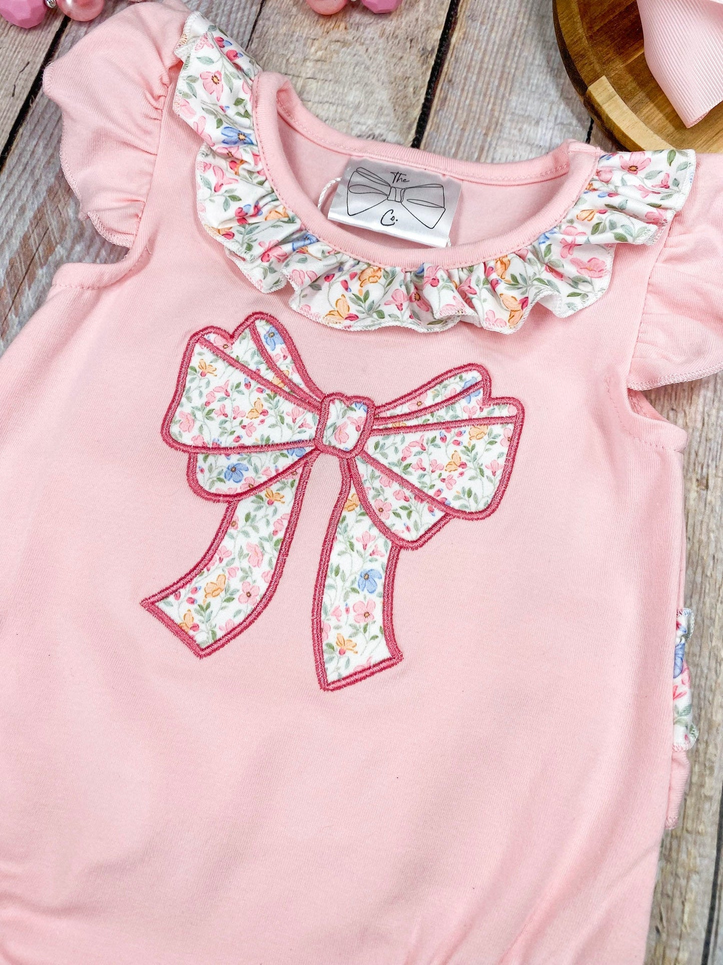 Pink Floral Bow Bubble Romper | Baby Girls Appliqué Outfit