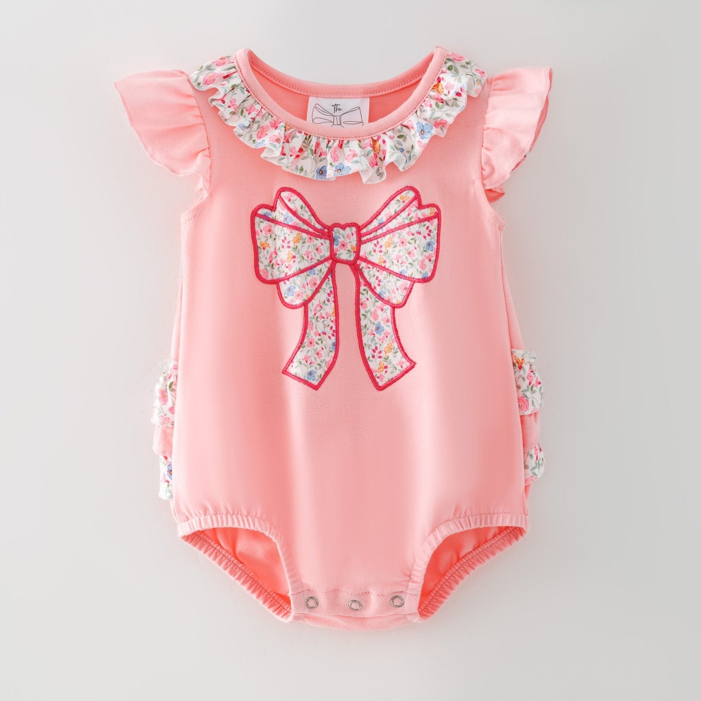 Pink Floral Bow Bubble Romper | Baby Girls Appliqué Outfit