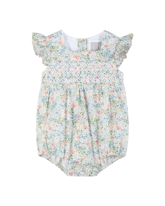 Pink Floral Print Smocked Flutter BubbleRomper