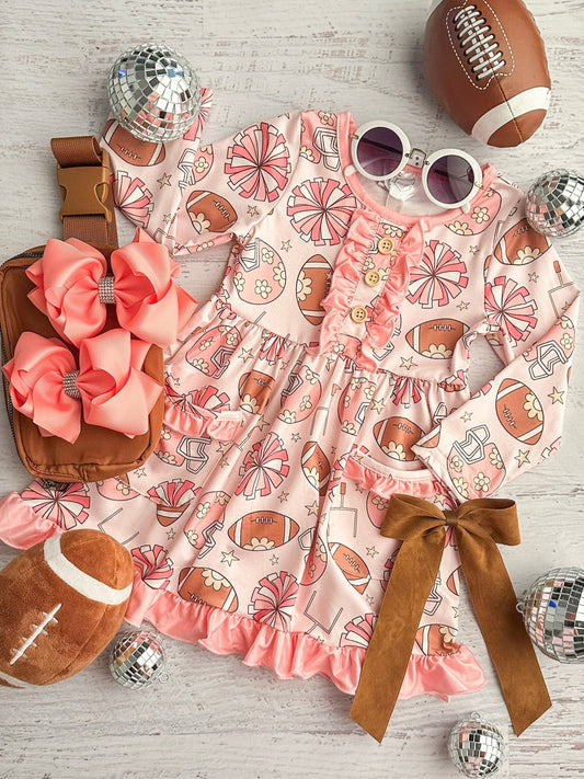 Pink Footballs & Pom Poms Girls Twirl Dress