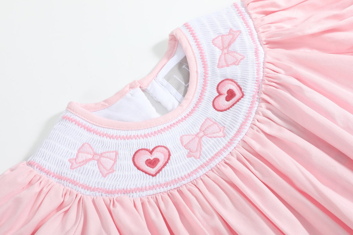 Pink Hearts & Bows Smocked Bishop Dress