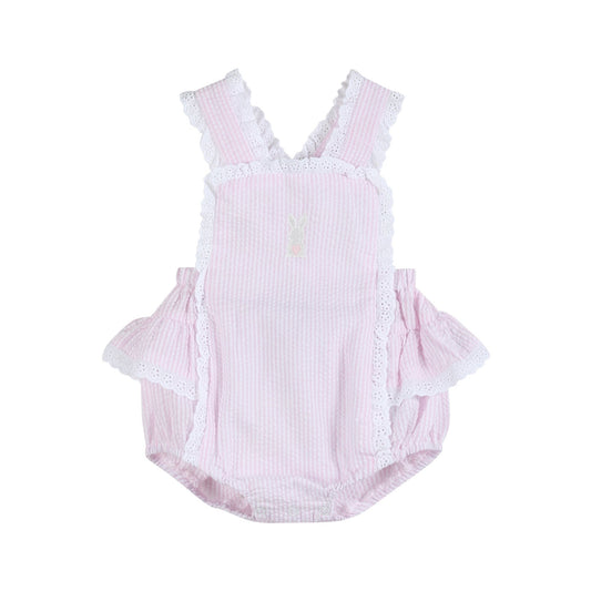 Pink Seersucker Bunny Ruffle Bubble Romper