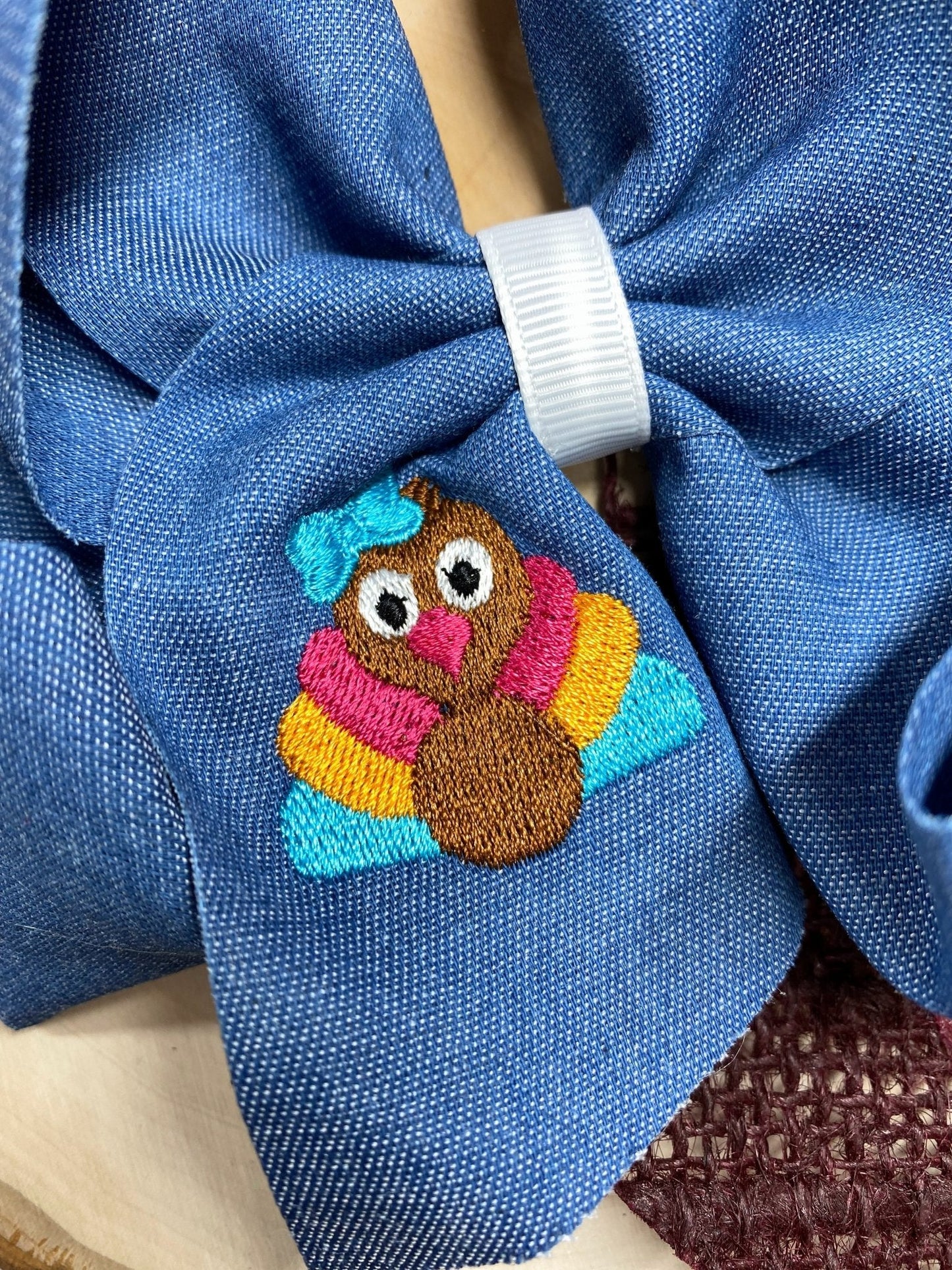 Multi-Color Turkey Embroidery on Denim Bow Headband
