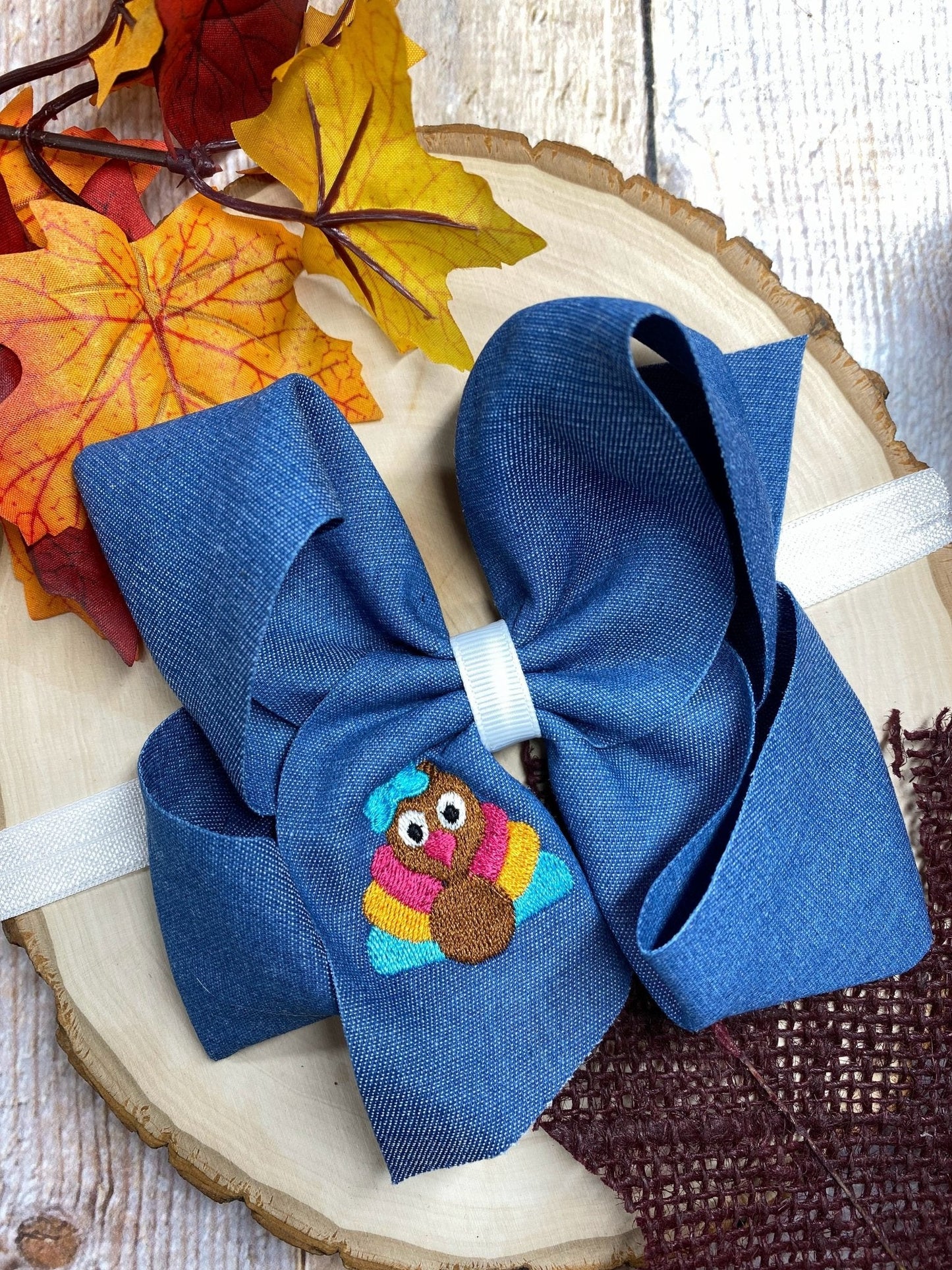 Multi-Color Turkey Embroidery on Denim Bow Headband