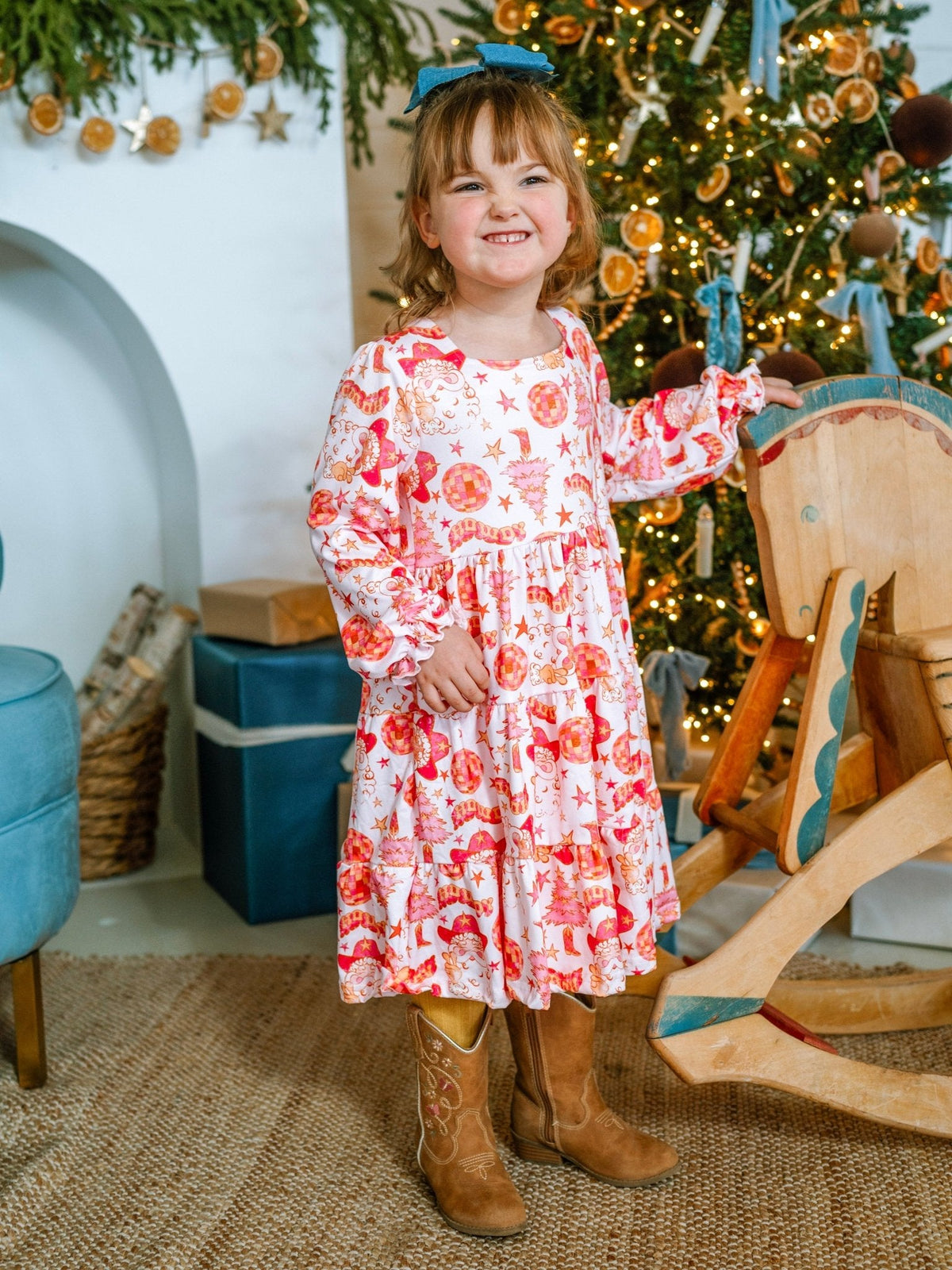 Pink Western Santa Holiday Girls Twirl Dress