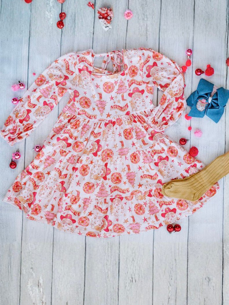 Pink Western Santa Holiday Girls Twirl Dress