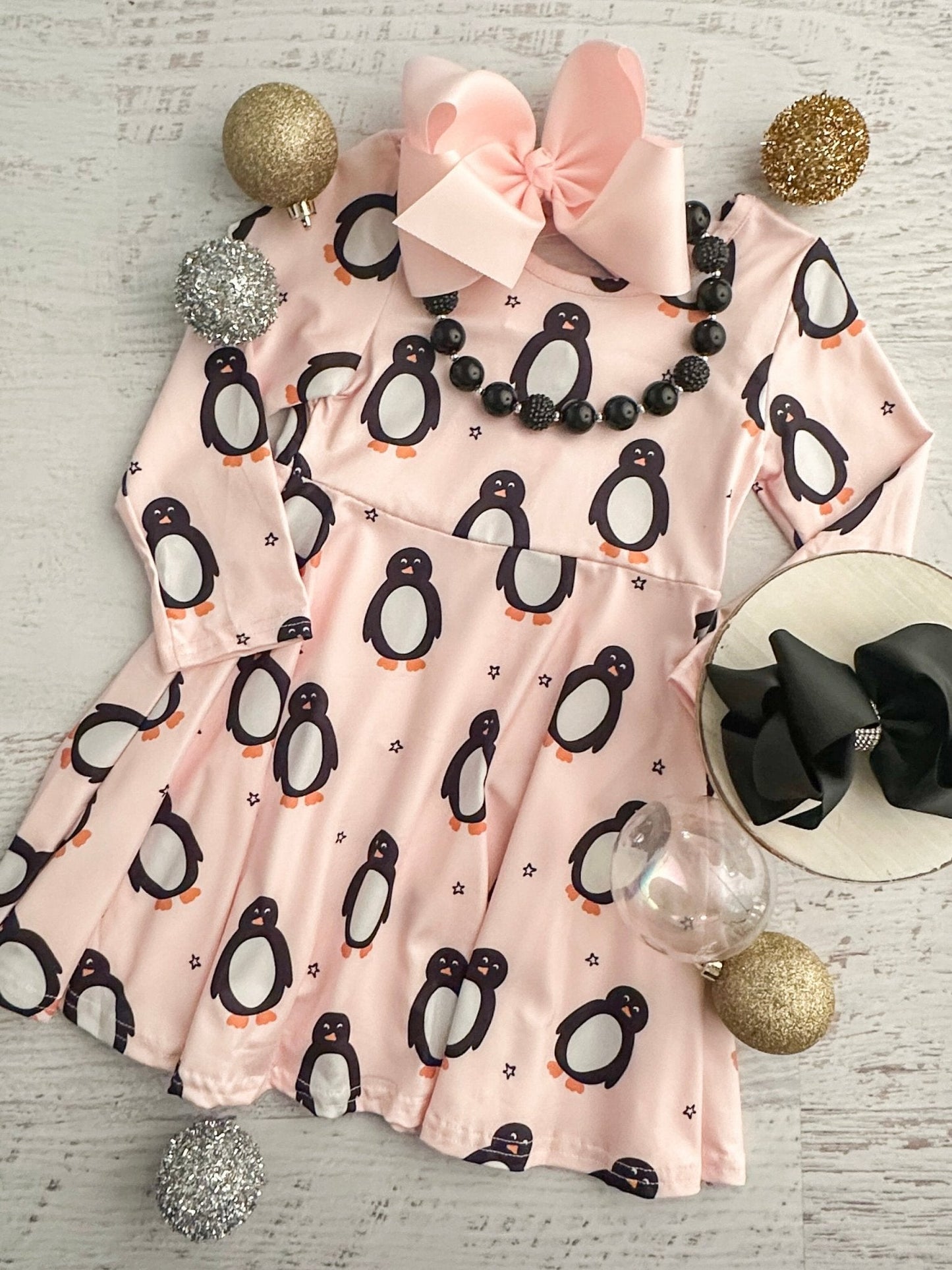 Pink Penguin Christmas Twirl Dress