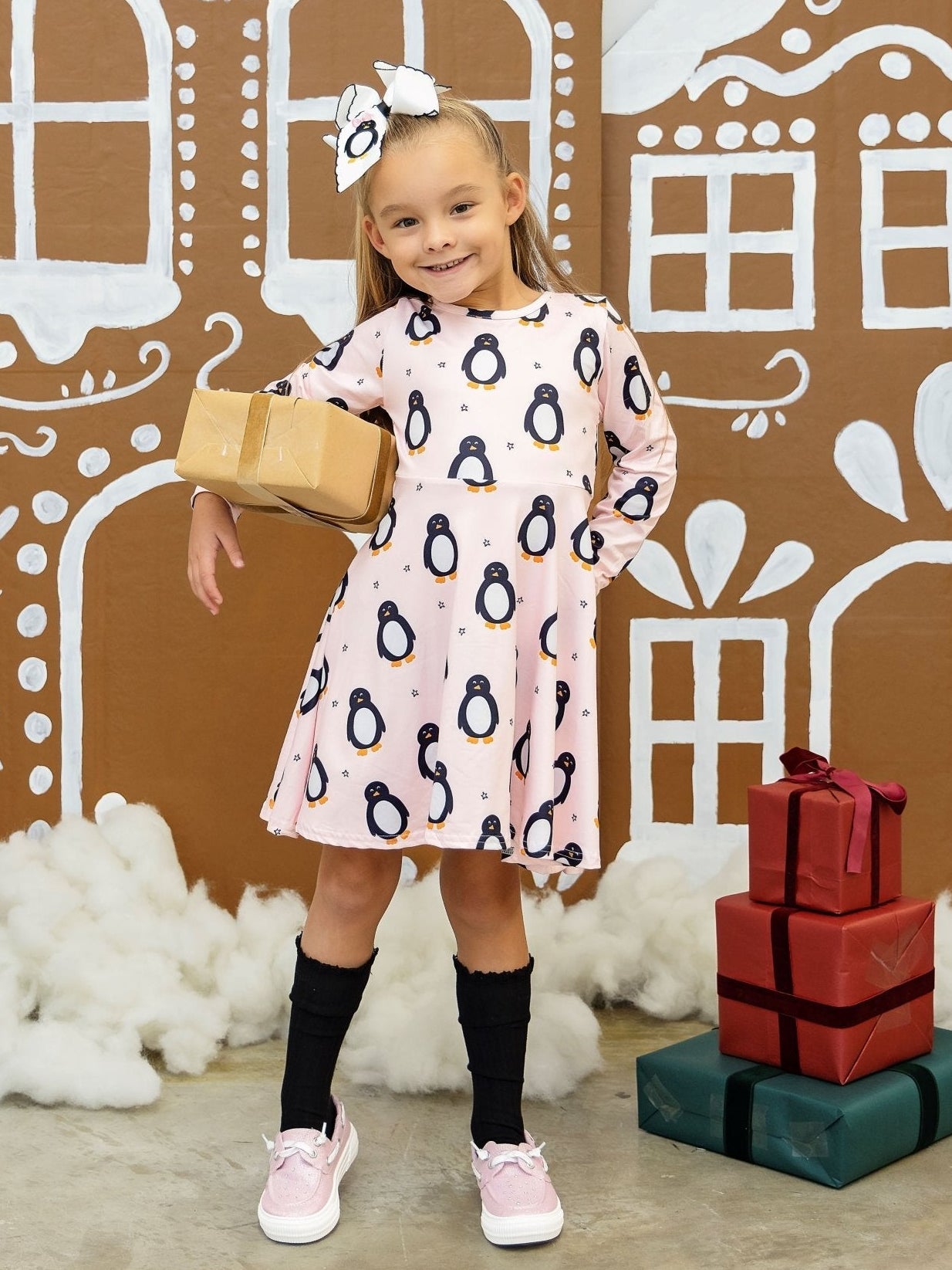 Pink Penguin Christmas Twirl Dress