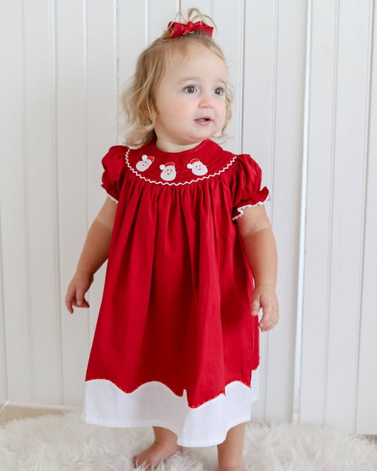 Red and White Santa Smocked Bishop Dress