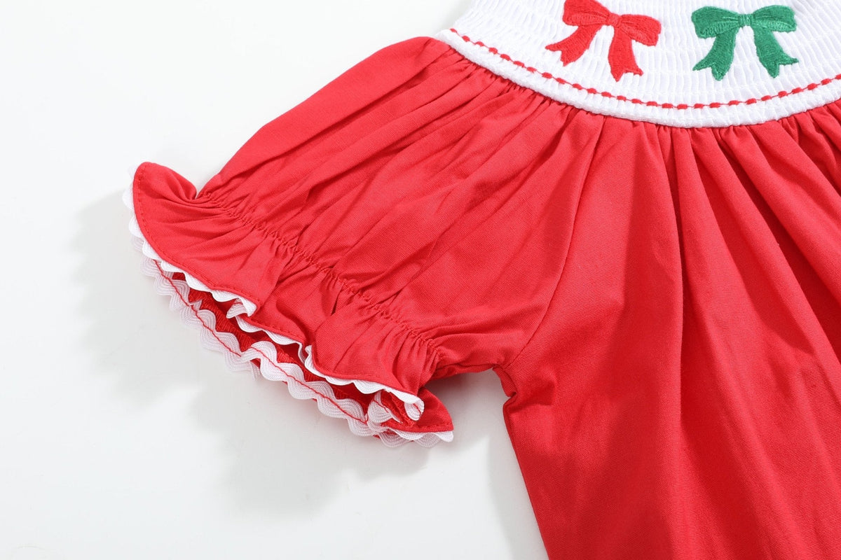 Red Christmas Bows Smocked Bishop Dress