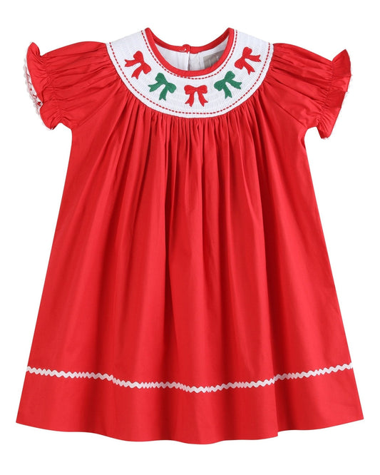 Red Christmas Bows Smocked Bishop Dress