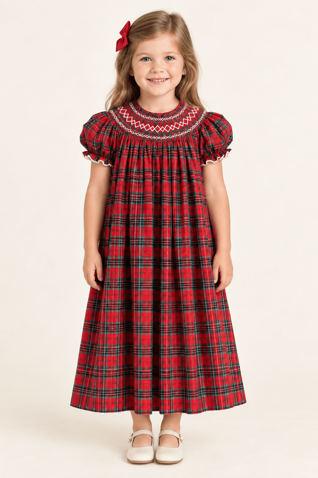 Red Christmas Plaid Smocked Bishop Dress for Girls