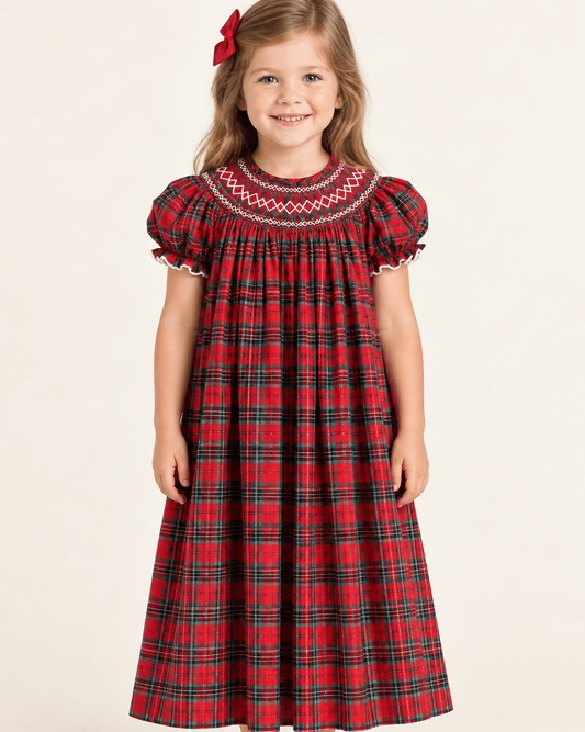 Red Christmas Plaid Smocked Bishop Dress for Girls