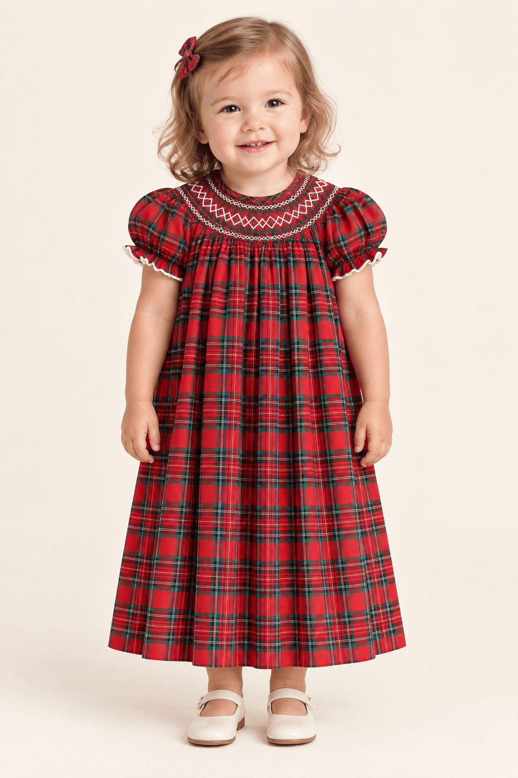 Red Christmas Plaid Smocked Bishop Dress for Girls