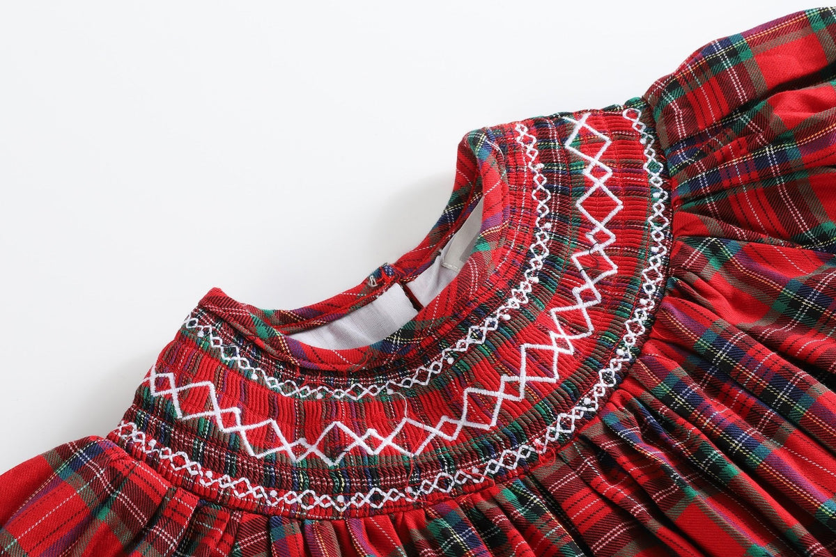 Red Christmas Plaid Smocked Bishop Dress for Girls