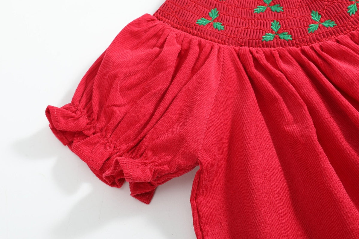 Red Corduroy Mistletoe Smocked Bishop Dress