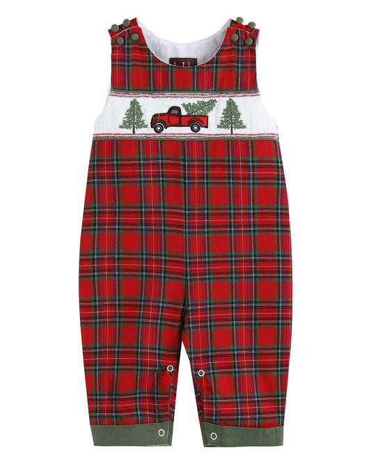 Red Plaid Truck & Tree Smocked Overalls