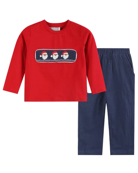 Red Santa Smocked Shirt and Navy Pants Set