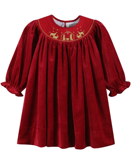 Red Velvet Nativity Smocked Dress
