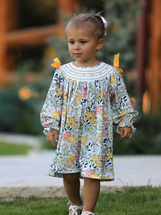children's fall dresses Mini Tan Floral Smocked Dress – Madison-Drake Children's Boutique