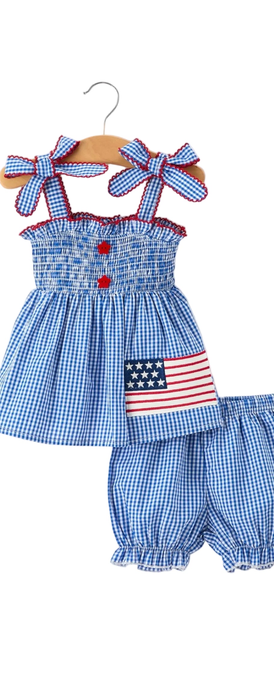 4th of July Plaid Girls Set Flag Star Bow Top Shorts Outfit