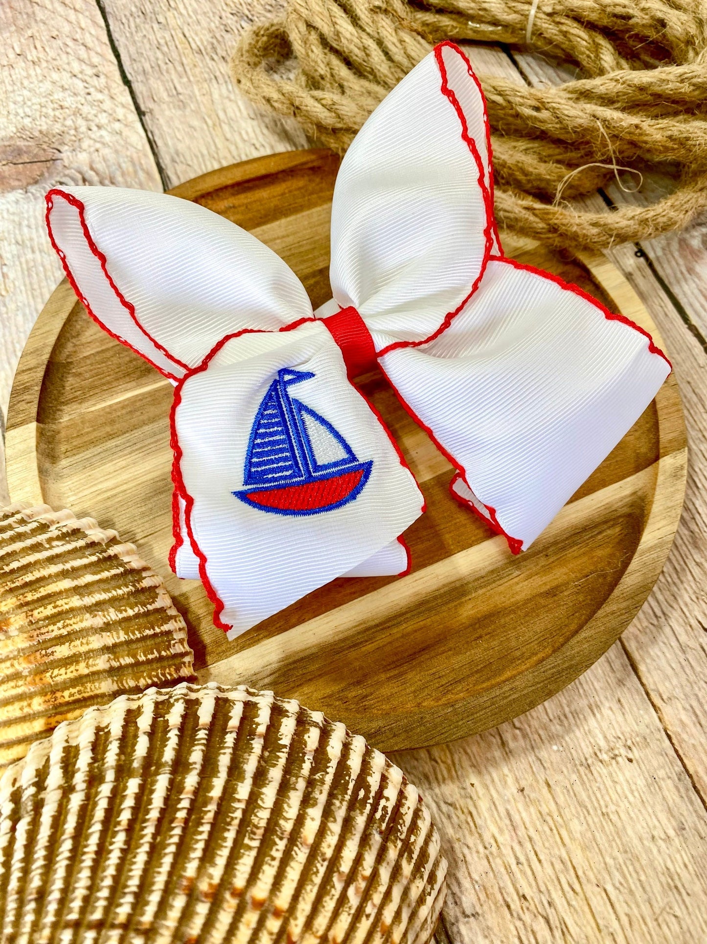 Sailboat Embroidered Classic Hair Bow | Clip or Headband