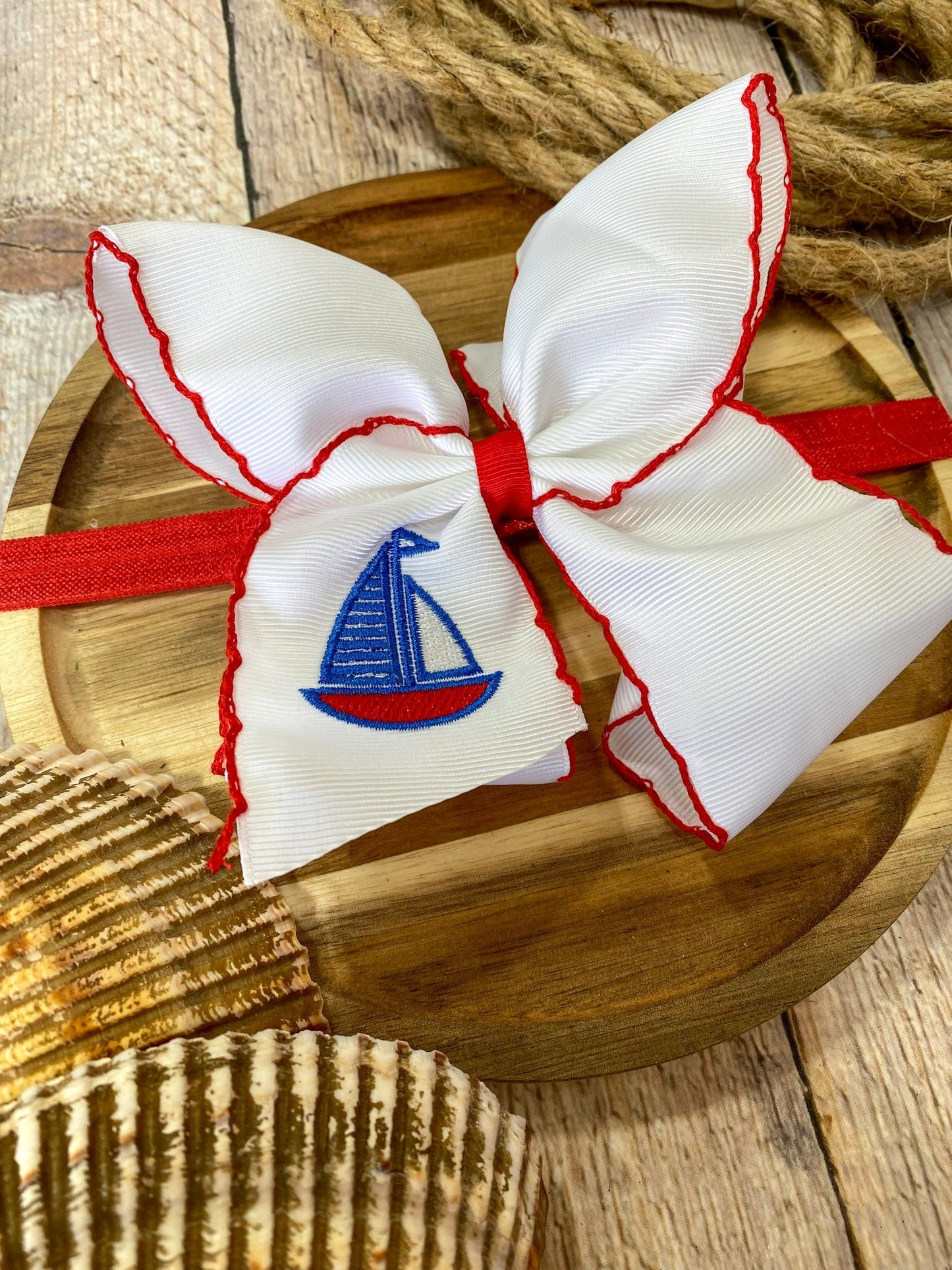 Sailboat Embroidered Classic Hair Bow | Clip or Headband