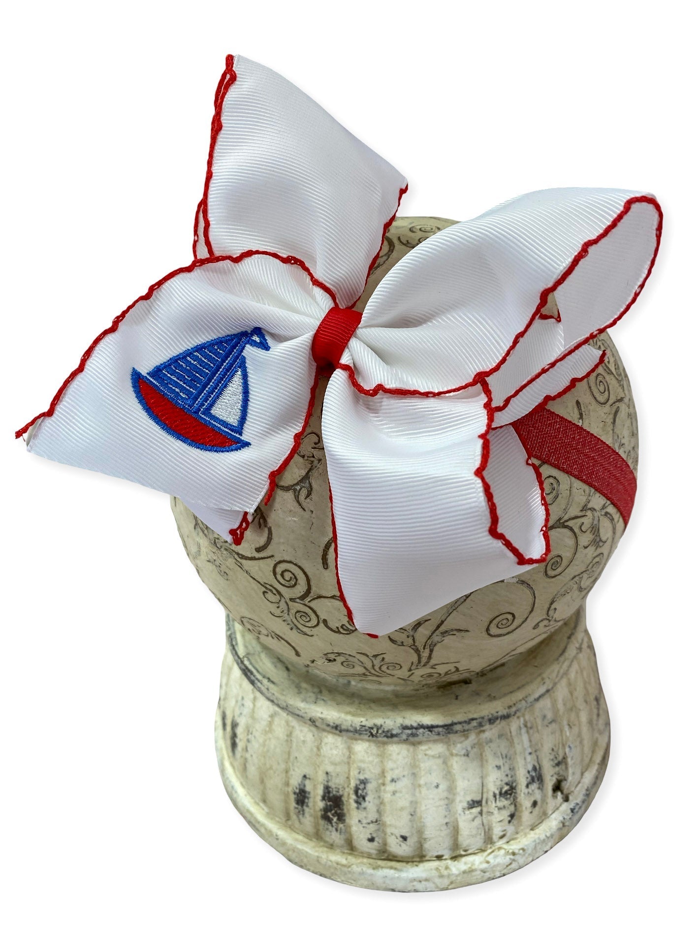 Sailboat Embroidered Classic Hair Bow | Clip or Headband