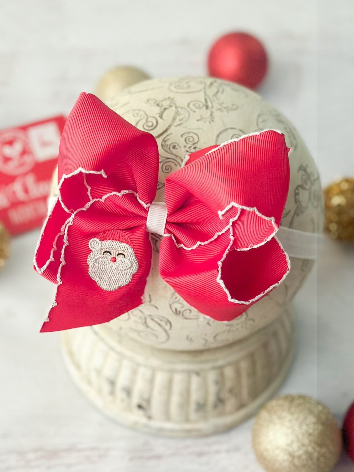 Santa Embroidered Hair Bow | Clip or Headband