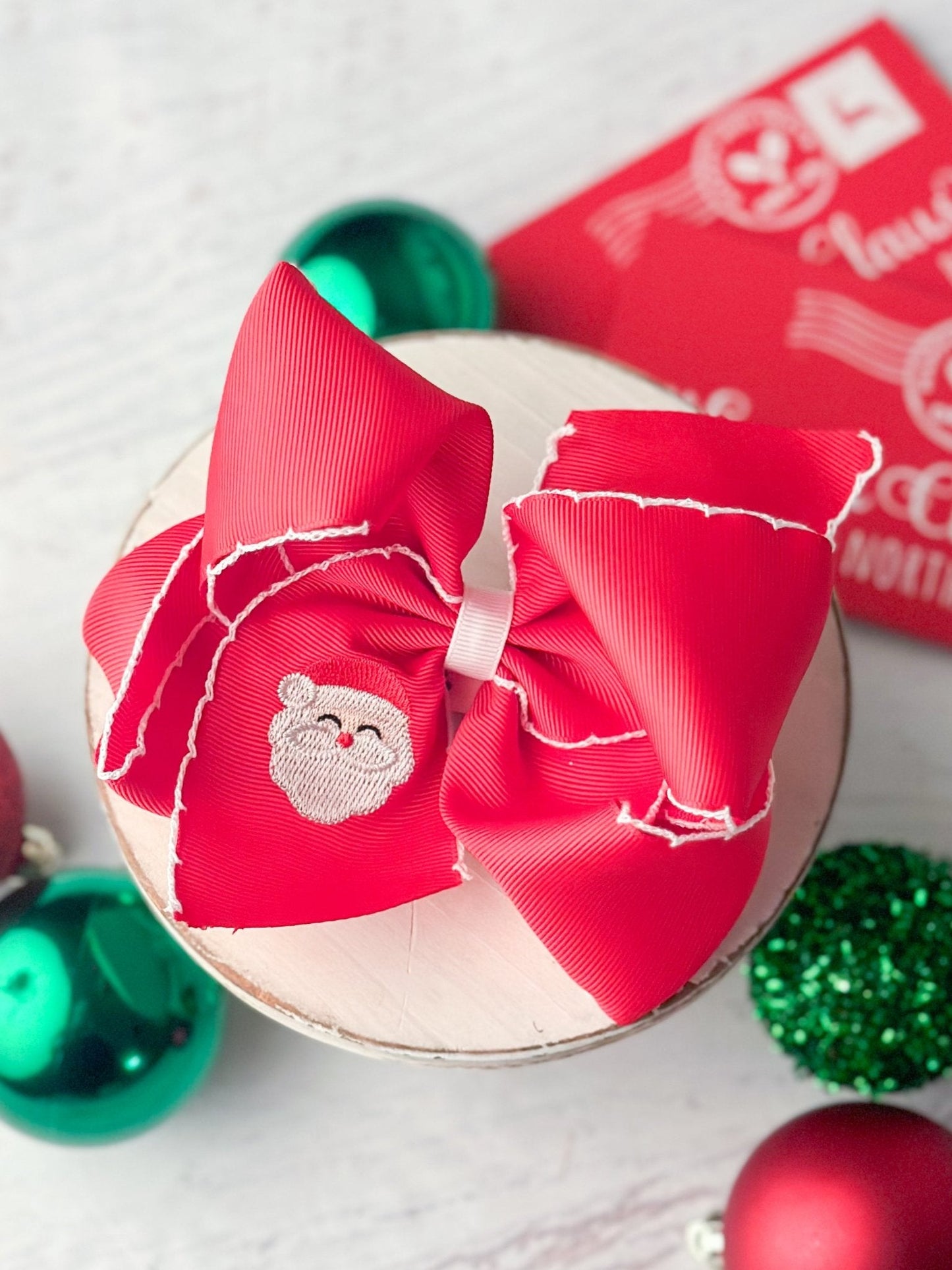 Santa Embroidered Hair Bow | Clip or Headband