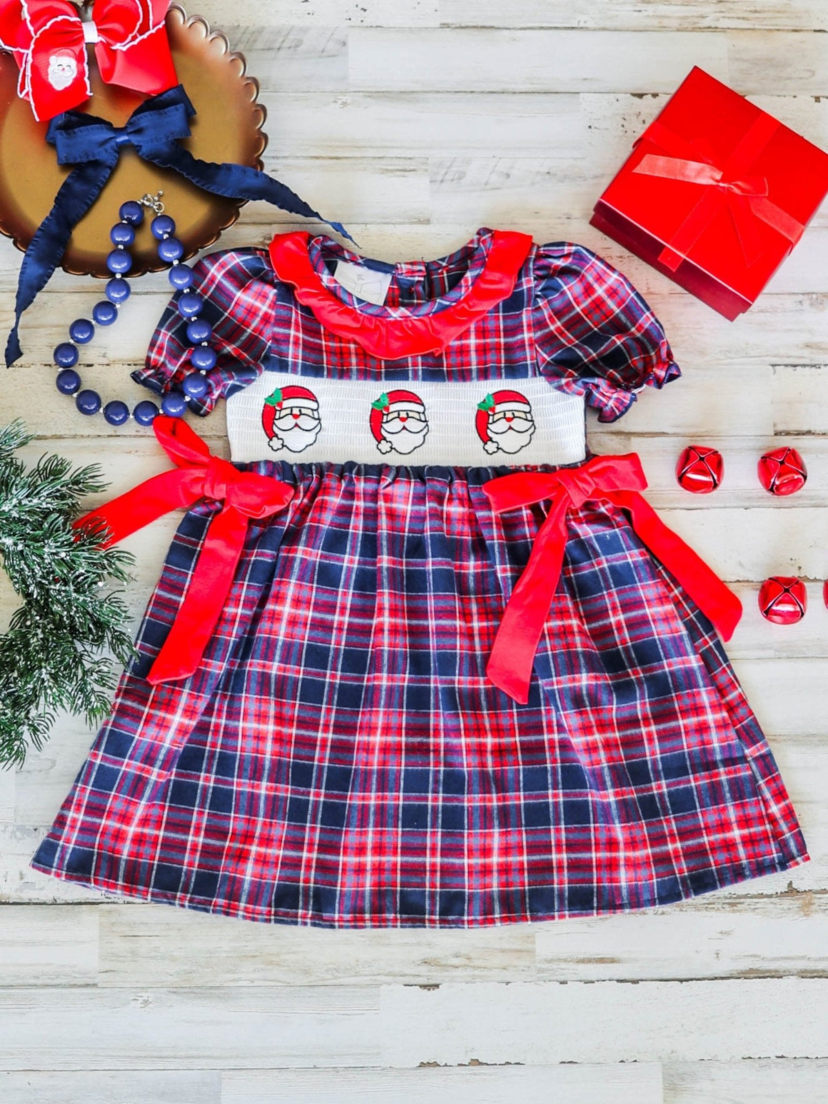 Santa Smocked Girls Plaid Dress