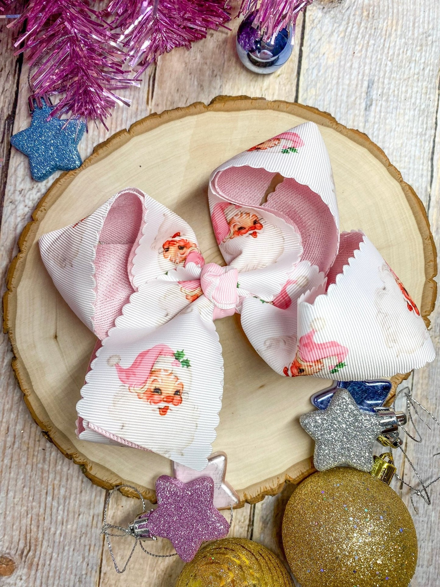 Scalloped Santa Print Glitter Hair Bow in Pink