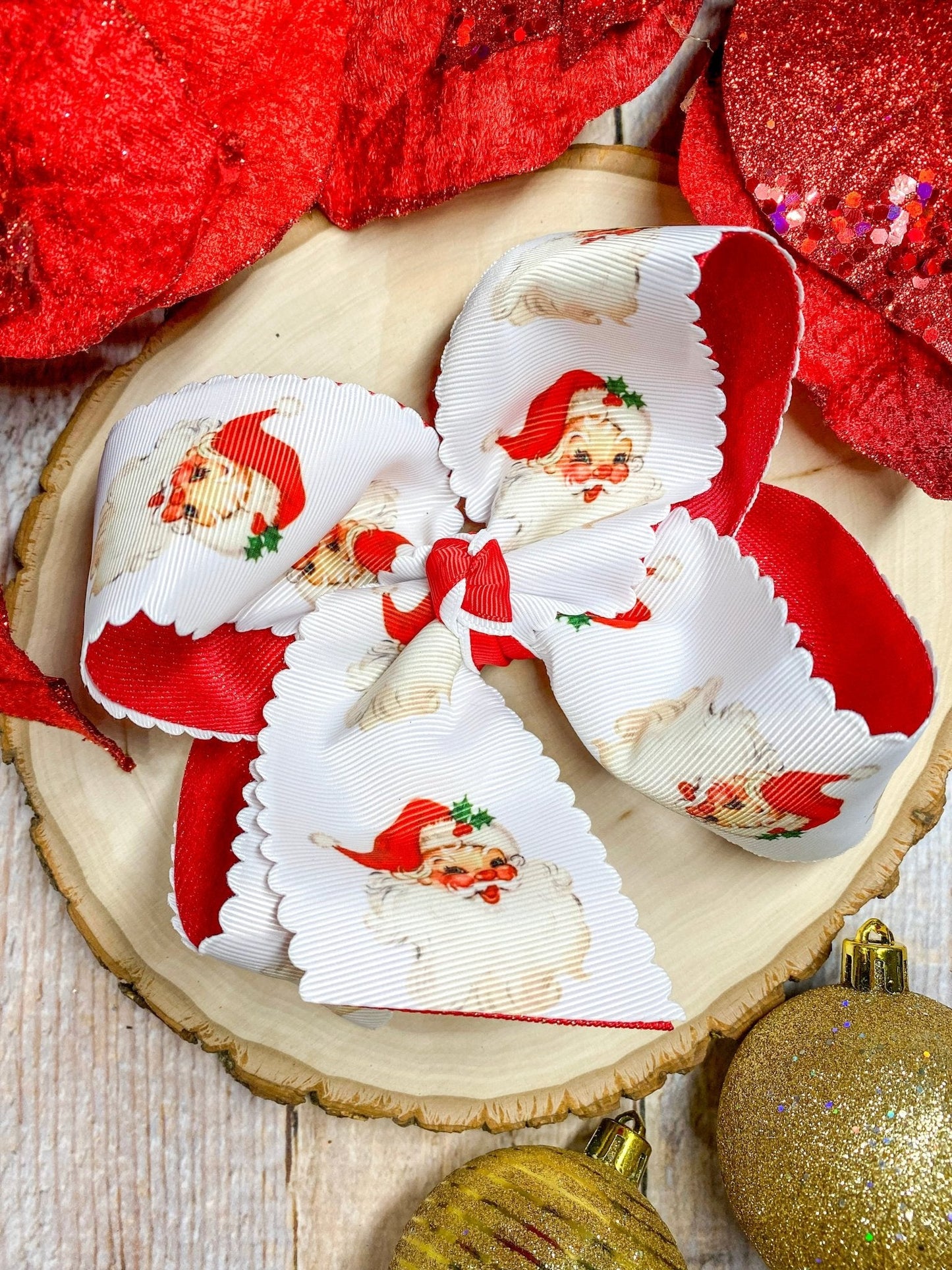 Scalloped Santa Print Glitter Hair Bow in Red | XL Christmas Hair Bow