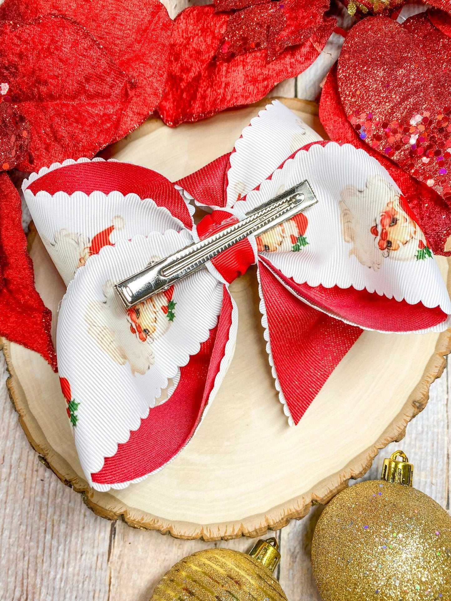Scalloped Santa Print Glitter Hair Bow in Red | XL Christmas Hair Bow