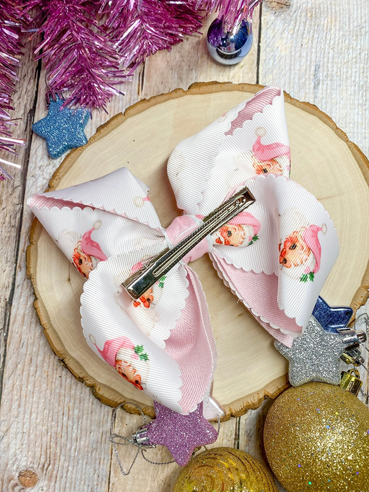 Scalloped Santa Print Glitter Hair Bow in Pink | XL Christmas Hair Bow