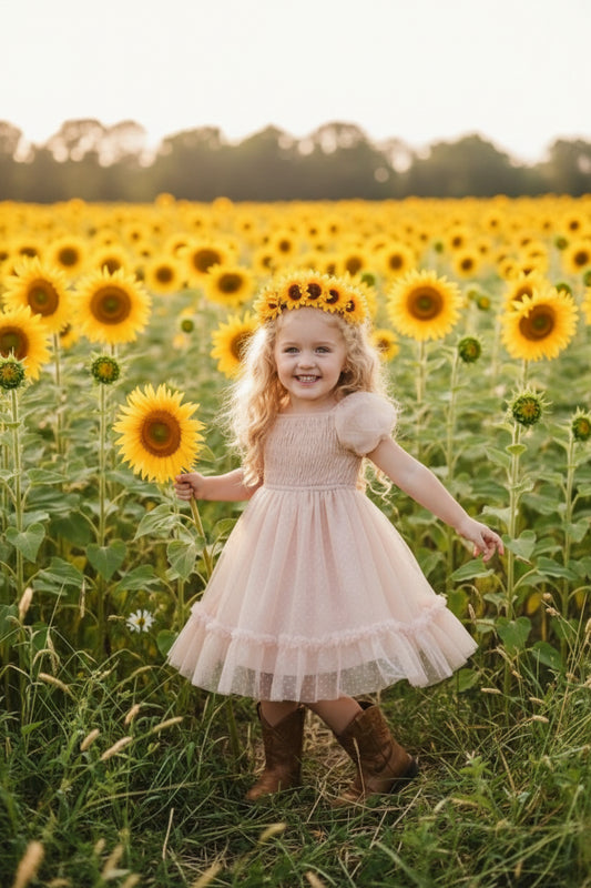 Smocked Dots Tulle Dress - Champagne